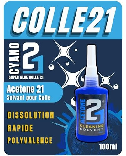 Solvant ACETONE Colle21 - Flacon de solvant 100 ml, Dissolvant puissant pour colle cyanoacrylate, Nettoyant professionnel pour résidus de colle et surfaces délicates