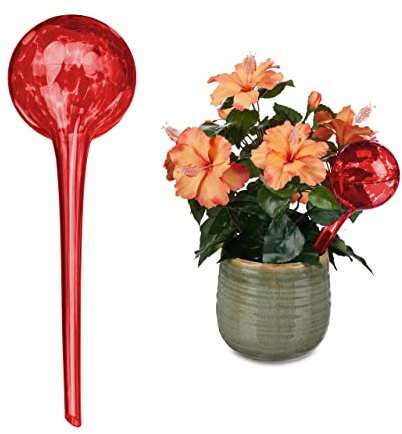 Relaxdays Bewässerungskugel 2er Set, dosierte Pflanzen Bewässerung, Blumentopf, Gießhilfe Büro, Urlaub, Glas Ø 9 cm, rot