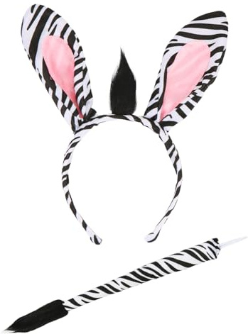 Sprinlot Zebra Kostüm Set, Damen Haarreif mit Zebraohren, Schwanz, Tierohren Stirnband, Dschungel Party Kostüm, Tier Ohr Tiara Accessoires für Damen Karneval Halloween Faschings Zoo Mottoparty C10
