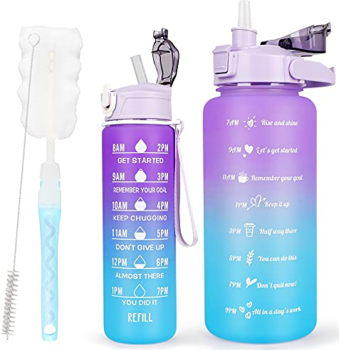 CodiCile 2-in-1 Sport-Trinkflaschen Set BPA-frei (2Liter + 750ml), mit Zeitmarkierung, Strohhalm & Reinigungsbürste - Motivierende Wasserflasche für Fitnessstudio, Gym und Sport