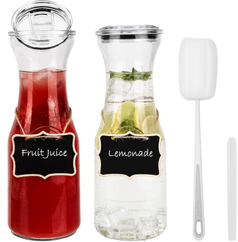 Belle Vous Set de Jarras de Cristal con Tapa - 2x Botella y Jarra de Agua de 1,1 L para Bebidas Frías o Calientes - Botellas de Vidrio para Nevera con Cepillo Etiquetas y Marcador