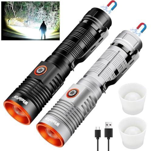 WholeFire 2 Stück LED Taschenlampe Aufladbar,Magnetic Basis,Extrem Hell 20000 Lumens USB Wiederaufladbare, Taschenlampen Batteriebetrieben, Zoombar Wasserdicht Taschenlampen für Camping