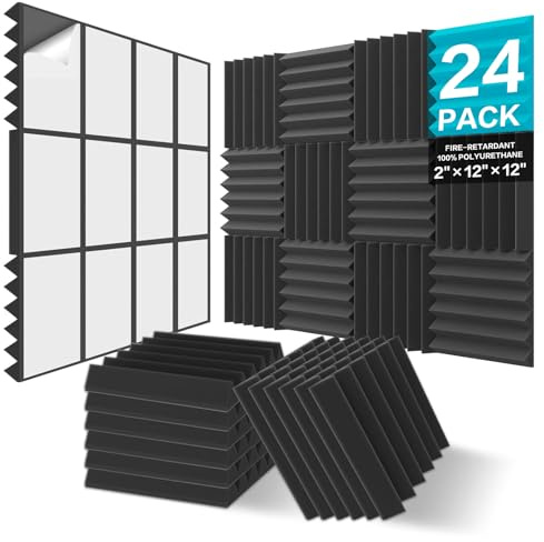 JBER 24 Pack Sound Proof Acoustic Foam Panels, Thicken, 5 X 30 X 30 cm Self-Adhesive Acoustic Wall Paddings for Home Office Studios (Black)