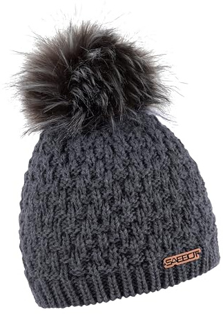 SABBOT Schick Damen Mütze mit Pelzbommel, Fleece-Futter, Wintermütze, Modernes Strickmuster, Warme Kappe (Dunkelgrau)