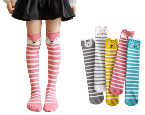 BGMINGYI Pack of 5 Little Girls Knee High Socks Kids Cute Cartton Animal Overknee Long Stockings (US, Age, 8 Years, 12 Years, Cute Animal - 5pcs)