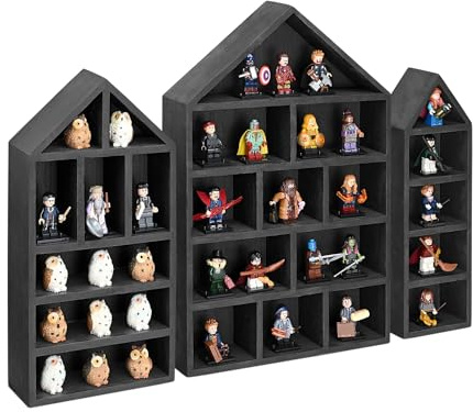 Ikee Design Schattenbox aus Holz in Hausform, Ausstellungsregal, Organizer, Aufbewahrungsbox, Schattenbox für Minifiguren, 3 Stück, 25,4 x 6,4 x 38,1 cm, Schwarz