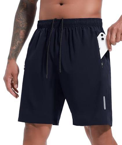 SIHOHAN Mens Gym Shorts 7 Quick Dry Sports Running Short with Zip Pockets | Breathable Lightweight Loose-Fit Athletic Workout Training Shorts with Phone Pockets and Reflective Strip