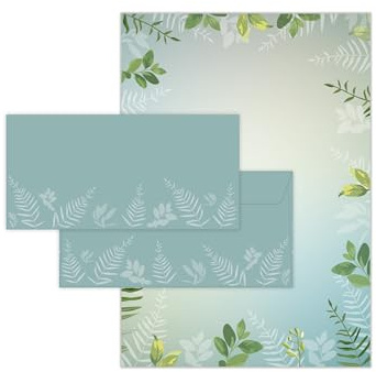 Briefpapier-Set 25 Motivpapier DIN A4 + 25 Umschläge DIN-lang haftklebend Motiv Grün mit Eukalyptus Blättern beidseitig beschriftbar und bedruckbar für Einladung Briefpost Firmenpost Zertifikate