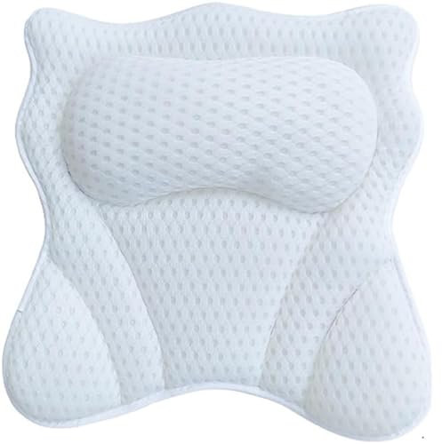 Badewannenkissen, weiches Netz-SPA-Badekissen für Kopf und Nacken, 16,5 x 16,5 x 2,8 Zoll, ergonomisches, stützendes, waschbares, weißes Badekissen mit Trockenhaken und Saugnäpfen, Badekissen für die