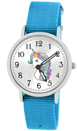 Brecjon Armbanduhr Mädchen Jungen Kinderuhr Einhorn Lernuhr 5ATM wasserdicht Wechselarmband hellblau 905