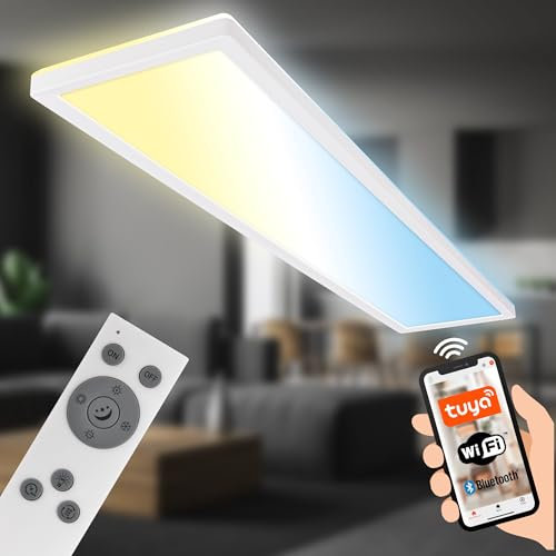 BRILONER - LED Deckenlampe 98cm flach Smart Home, funktioniert mit Alexa, Fernbedienung, Lampe, Deckenleuchte, Wohnzimmerlampe, LED Panel, Küchenlampe, Schlafzimmerlampe, 98x20x3 cm, Weiß