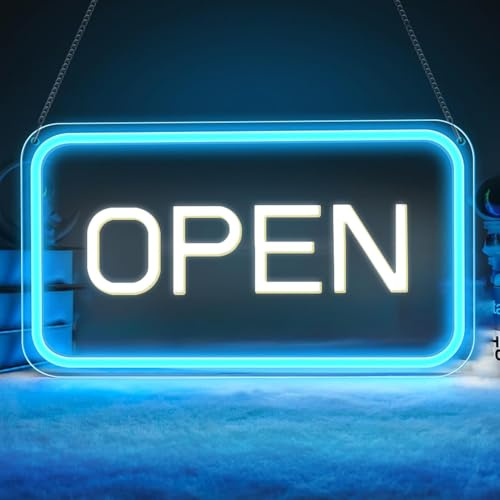 LightingWill LED Neon Open Sign, 16x 9 Ultra Bright Open Signs for Business, Dimmable 5V USB Light Up Signs for Business Window, Coffee Shops, Stores, Restaurants Bars Hotel, Blue/White, Horizontal