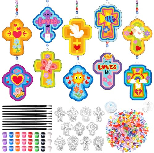 Dunzoom 30 Set Easter Cross Craft Kit Easter Suncatchers Kits Religious DIY Suncatchers Make Your Own Christian Paint Sun Catchers Ornaments for Religious Sunday Craft Activity