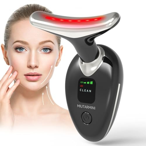 Appareil de Massage Facial LED 7 Couleurs avec Micro-courants EMS, 3 Modes et Chaleur 45°C pour Lifting Visage, Anti-Rides, Affinement de la Mâchoire et Fermeté du Cou - Noir