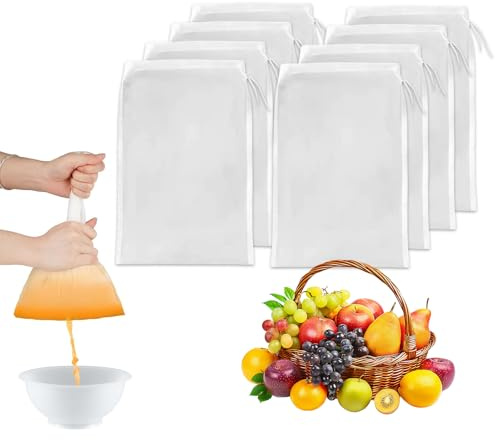 8 Stück Nussmilchbeutel 30×20cm Passiertuch Wiederverwendbar Abseihtuch Nussmilchbeutel Bio Waschbar, Feinmaschiges Filterbeutel Mit Kordelzug, für Käse Kaffee Joghurt Fruchtsaft Gemüsesaft