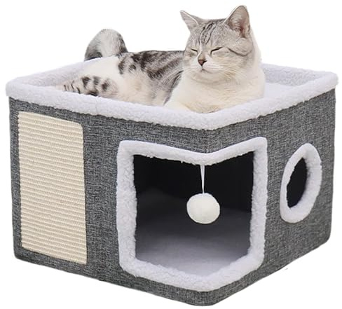 Maycoly Casa Plegable para Gatos,40 x 40 x 31cm Casa para Gatos para Interiores,Capas para Gatos Pequeños y Medianos,con Celota de Peluche, Rascador para Gatos y Agujero para Gatos