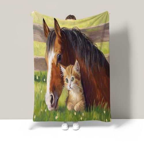 Kuscheldecke Flauschig Decke 3D Grünes Gras Holzzaun Fleecedecke Wohndecke Pferd Katze Warm Sofaüberwurf Decke Sofadecke Couchdecke Tagesdecke für Bett 130 × 200 cm