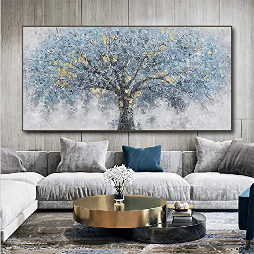 Großes abstraktes Landschafts-Ölgemälde auf Leinwand, gerahmt, modern, grau-blau, Baum des Lebens, Wandkunst, 65 x 130 cm, zeitgenössische Wohnzimmerdekoration, schwarzer Rahmen im Lieferumfang