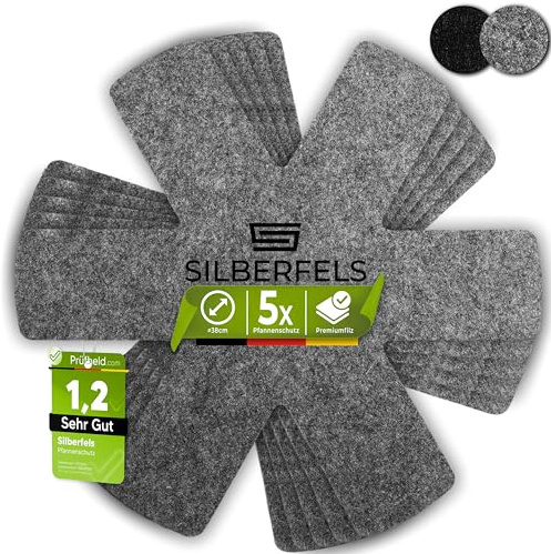 SILBERFELS Filz Pfannenschutz Stapelschutz Extra Weich | 38 cm [5er Set] Grau | Waschbar Zuschneidbar Hitzebeständig | Pfannenschoner Kratzschutz Pfannentrenner für Pfannen & Topf Schutz