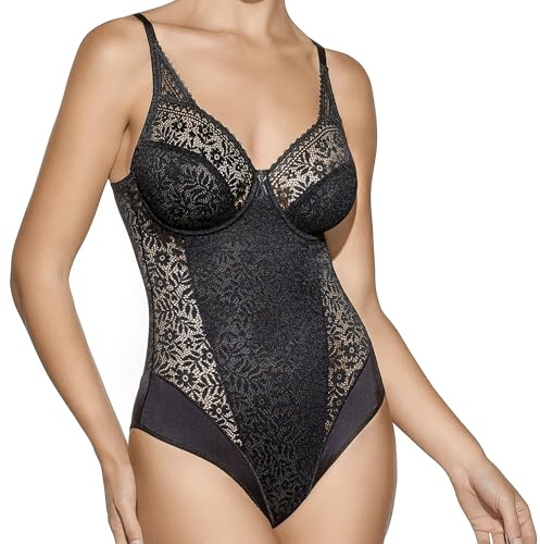 Selene, Body Donna in Pizzo Effetto Trasparente, con Ferretto e Motivo Floreale, Senza Imbottitura, Collezione Graziella, Colore Nero, Coppa 4 C