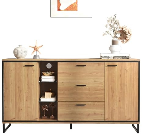 Buffet Moderne avec tiroirs coulissants, Portes vitrées, Structure en Bois, Pieds métalliques Noirs, éclairage LED 16 Couleurs, Meuble de Rangement élégant pour Salon, Salle à Manger, entrée