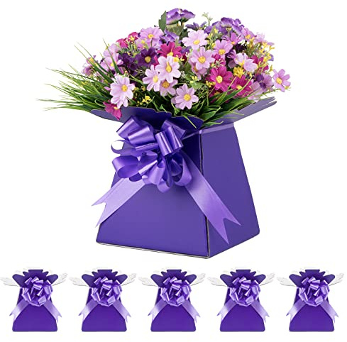 BOFUNX 6Pcs Flower Bouquet Boxes with Pull Bows, Holders for Sweets, Chocolates, Bouquet Gift Boxes Vase Birthday Party Wedding Table Decoration Floral Arrangement (Purple)