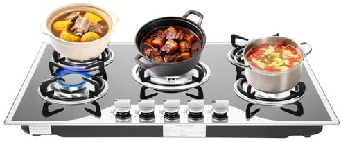 HUOMMGS Piano cottura a gas a 5 fiamme, 10,25 KW, fornello a gas aggiornato, 77,5 x 51 cm, piano cottura a gas LPG/NG, con aspirazione stereoscopica e regolazione del fuoco a 180°, per casa e