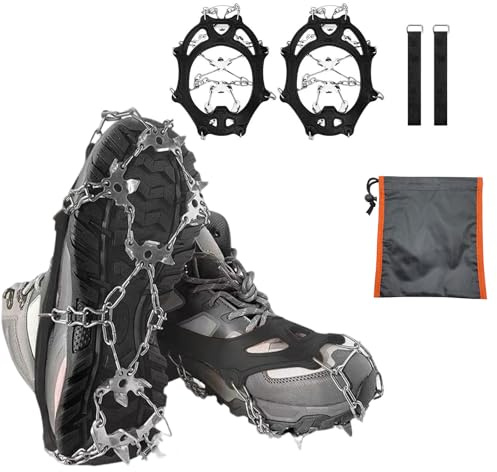 Raheem Steigeisen mit 24 Zähne für Wanderschuhe, Spikes für Bergschuhe Verdickte Schuhkrallen Edelstahl Spikes Anti-Rutsch Schuhkrallen für Winter (Schwarz,24 Spikes, L(40-48))