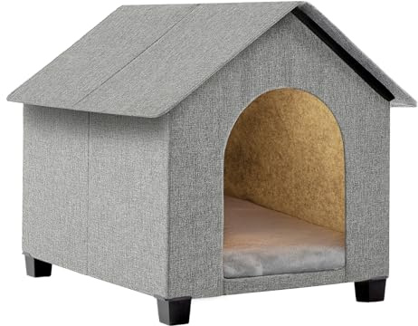 Indoor Dog House, Elevated Foldable Dog Cave Bed with Removable Plush Mat for Medium Dogs and Cats Up to 23.6 Inches Long