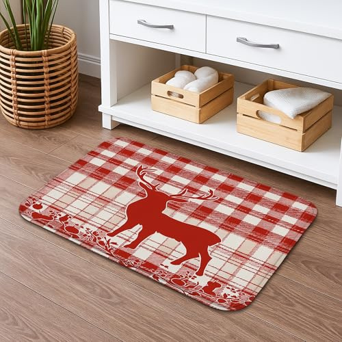 Tappeto da bagno rustico con cervi ad asciugatura rapida, tappetino da doccia assorbente a scacchi rossi antiscivolo, in flanella, lavabile, per bagno, WC, decorativo, 40,6 x 61 cm