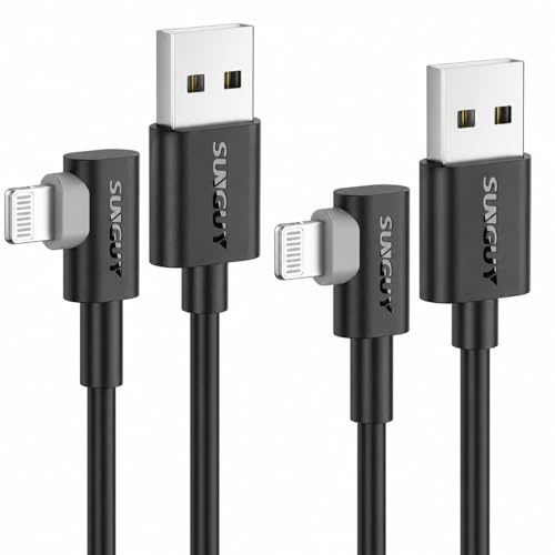 SUNGUY USB-A-zu-Lightning-Kabel 90 Grad, [2er-Pack 0,5 m] rechtwinkliges Lightning-CarPlay-Ladekabel, kompatibel mit iPhone 14/13/12/11 Pro Max/XS MAX/XR/XS/iPad/iPod