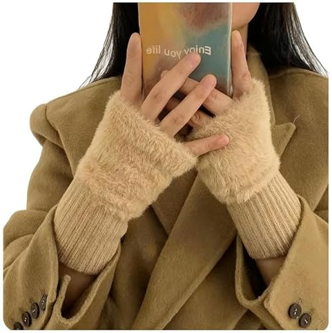Waltonalice Dicke warme Touchscreen Handschuhe Plüsch pulswärmer Damen Strickhandschuhe Kurzer Halb Handstulpen Fingerless Gloves warm Armstrumpf Handschuhe Fingerlose Handschuhe für Tippen Khaki