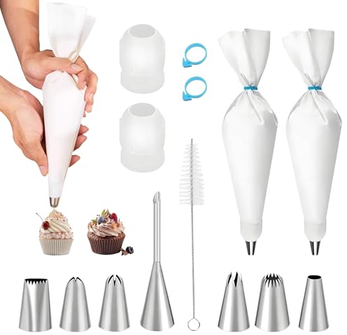 14pcs Reusable Piping Bags and Tips Set,16inch Cotton Baking Kit with Coupler,for Cake Decorating, Cupcakes, Cookies, Home Bakers, Chefs