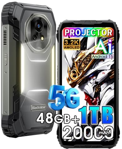 Blackview XPLORE 2 Projektor (48GB+1TB) 5G Outdoor Handy ohne Vertrag, Android 15 Dimensity 8300 Handy AI, 6,73 FHD+ 3.2K Baustellenhandy, 2 * 2W Lautsprecher, 50MP+50MP, 20000mAh Outdoor Smartphone