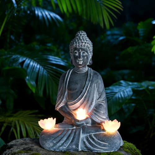 Ferakum Buddha Figuren mit Solarlampen für Garten Deko,Buddha Figur Zen mit Solar-Lotus Gartendeko Zimmer,Solarlichter für den Außenbereich,Garten Dekoration (01)