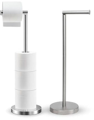 Toilet Roll Holder Free Standing With Stable Base – Rustproof Stainless Steel Toilet Paper Holder for up to 5 Rolls | No Drilling Chrome Brushed Finish | 2-in-1 Design | 56.5×16.8cm