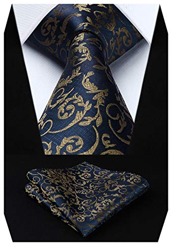 HISDERN Cravate à motif cachemire pour homme Bleu marine Marron Paisley Floral Mouchoir de fête de mariage pour homme Cravate et pochette de costume