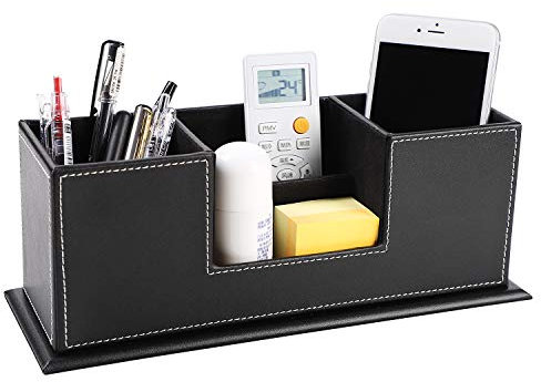 Leather Pen Holder Desk Organiser Multifunction Pen Pot Remote Control Holder Stand and Business Cards Holder Office Supplies Storage Box Caddy Anti-Slip Base for School Home
