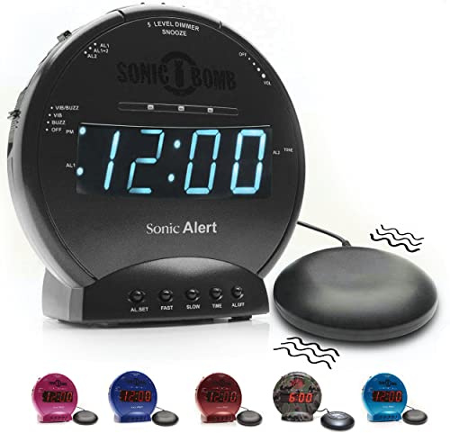 Sonic Alert Sonic Bomb Dual Alarm Clock with Bed Shaker, Black Vibrating Alarm Clock Heavy Sleepers, Battery Backup | Wake with a Shake