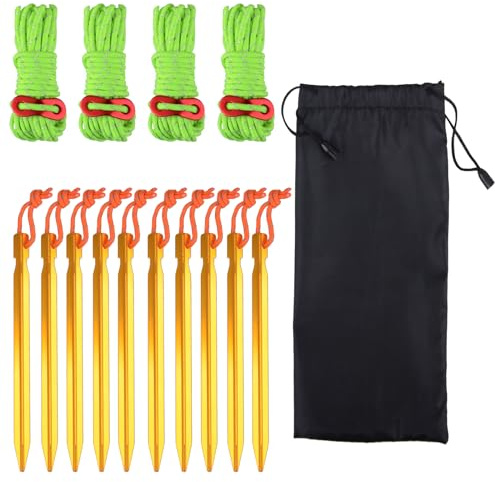 TRIWONDER Aluminum Tent Stakes Pegs & Reflective Guylines with Tent Cord Tensioners for Camping, Hiking, Backpacking (Fluorescent Green)