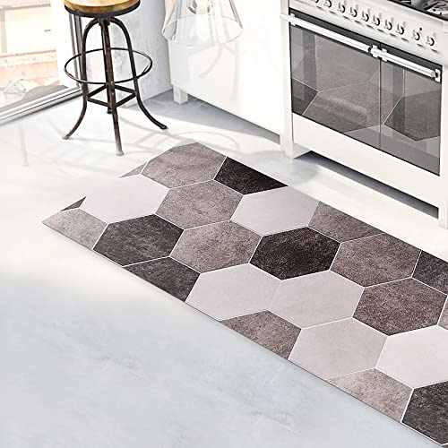 CREARREDA Teppich Läufer - Küchenläufer 120x50 cm Graue Sechsecke Vinyl rutschfest und waschbar Küchenläufer aus Vinyl, 100% Made in Italy Tepiche für Wohnzimmer, Küche
