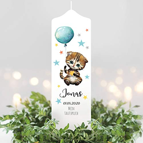 Wandtattoo Loft Taufkerze Junge oder Mädchen Motiv Katze mit Luftballon, 25cm x 8cm, personalisierte Kerze, bedruckte Kerze zur Taufe, Stumpenkerze, individuelles Taufgeschenk