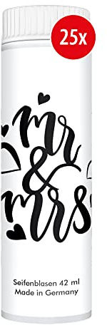 PUSTEFIX Seifenblasen Set I 25 x Klassik 42ml Hochzeit Mr. & Mrs. I Bunte Hochzeits-Bubbles Made in Germany I Seifenblasen für Hochzeit, Standesamt, Polterabend, Geburtstag I 25 x 42 ml Vorteilspack