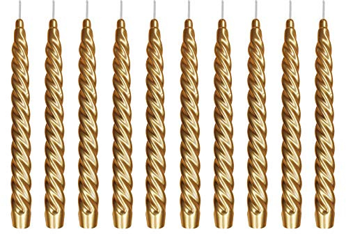 Ebersbacher Kerzenfabrik GmbH Renaissancekerzen Spitzkerzen gedreht lackiert Gold, 10 Stück, Größe ca. 22 x 250 mm, einzeln in Folie, Leuchterkerze Tafelkerze Stabkerze
