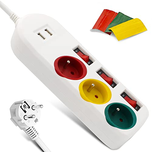 FISHTEC - Multiprise Trio Color 3 Prises Rouge Jaune Verte - Interrupteurs Individuels 2 Ports USB 2A Stickers Identification Câble 180 cm ABS 23 x 8 cm - Organisation Bureau Maison Télétravail
