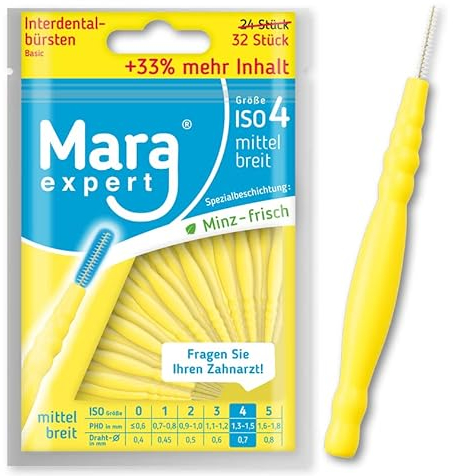 Cepillos interdentales 1,3-1,5 mm Basic by MARA, ISO 4 ancho intermedio, 33 % más contenido, paquete económico, cepillo interdental ideal, sabor a menta, 32 unidades (color amarillo, 4)
