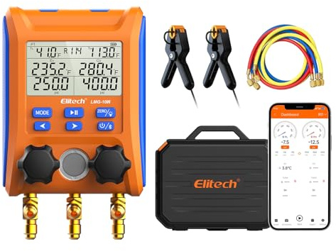 Elitech Set de Manomètres Réfrigérant Bluetooth LMG-10W - Manifold Gauge Pour Pression Température Vide, Calcul Auto Surchauffe Sous-refroidissement, Compatible Climatisation HVAC Pompe a Chaleur