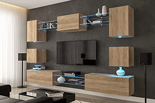 Furnitech Wohnwand Wohnzimmer Möbel mit LED Blau - Hängend Wohnwand Modern Schrankwand mit Regale und TV Schrank (Nowara AN1-17S-M3-1A-NEW)