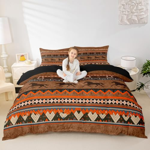 Feelyou Western Comforter Cover Aztec Bedding Set for Boys Girls Kids Cowboy Cowgirl Horse Duvet Cover Southwestern Native American Bed Set Bohemian Bedroom Decor Queen Size 3Pcs (No Comforter)