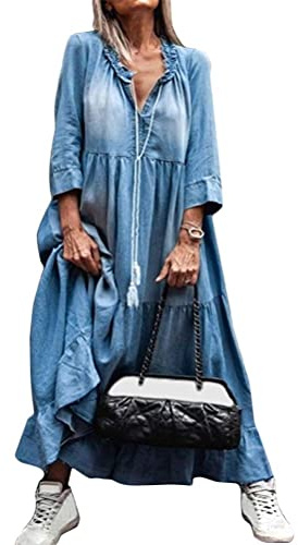 ORANDESIGNE Damen V-Ausschnitt Jeanskleider Denimkleid Sommerkleid Lose Kurzarm Partykleid Tunika Hemd Blusenkleid Jeanskleid Maxi Kleid Casual E Blau 38